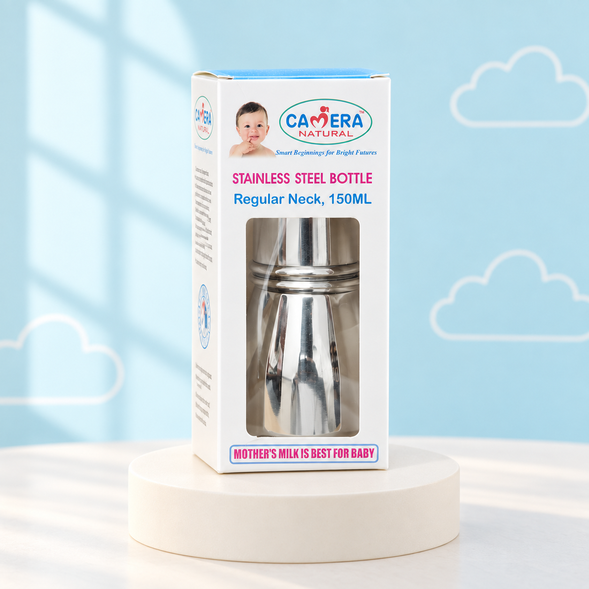 Camera Natural Stainless Steel Feeding Bottle - Regular Neck front pack