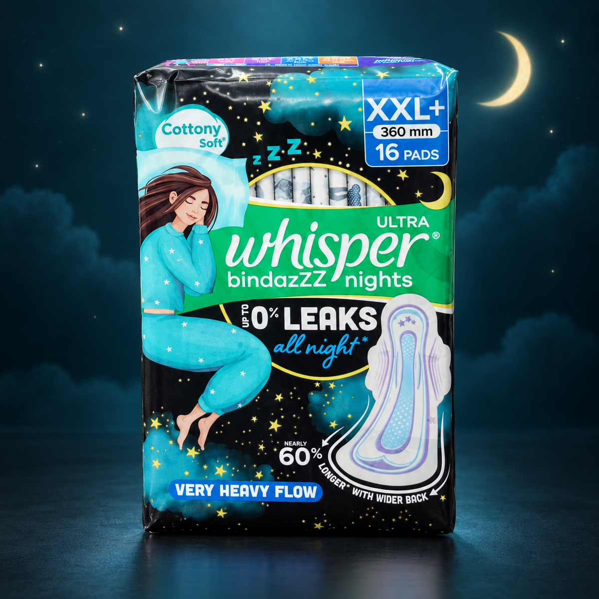 Whisper Bindazzz Nights Ultra Cottony Soft XXL+ 360 mm - 16 Pads front pack