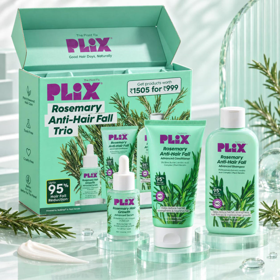 PLIX Rosemary Anti-Hair Fall Trio with products
